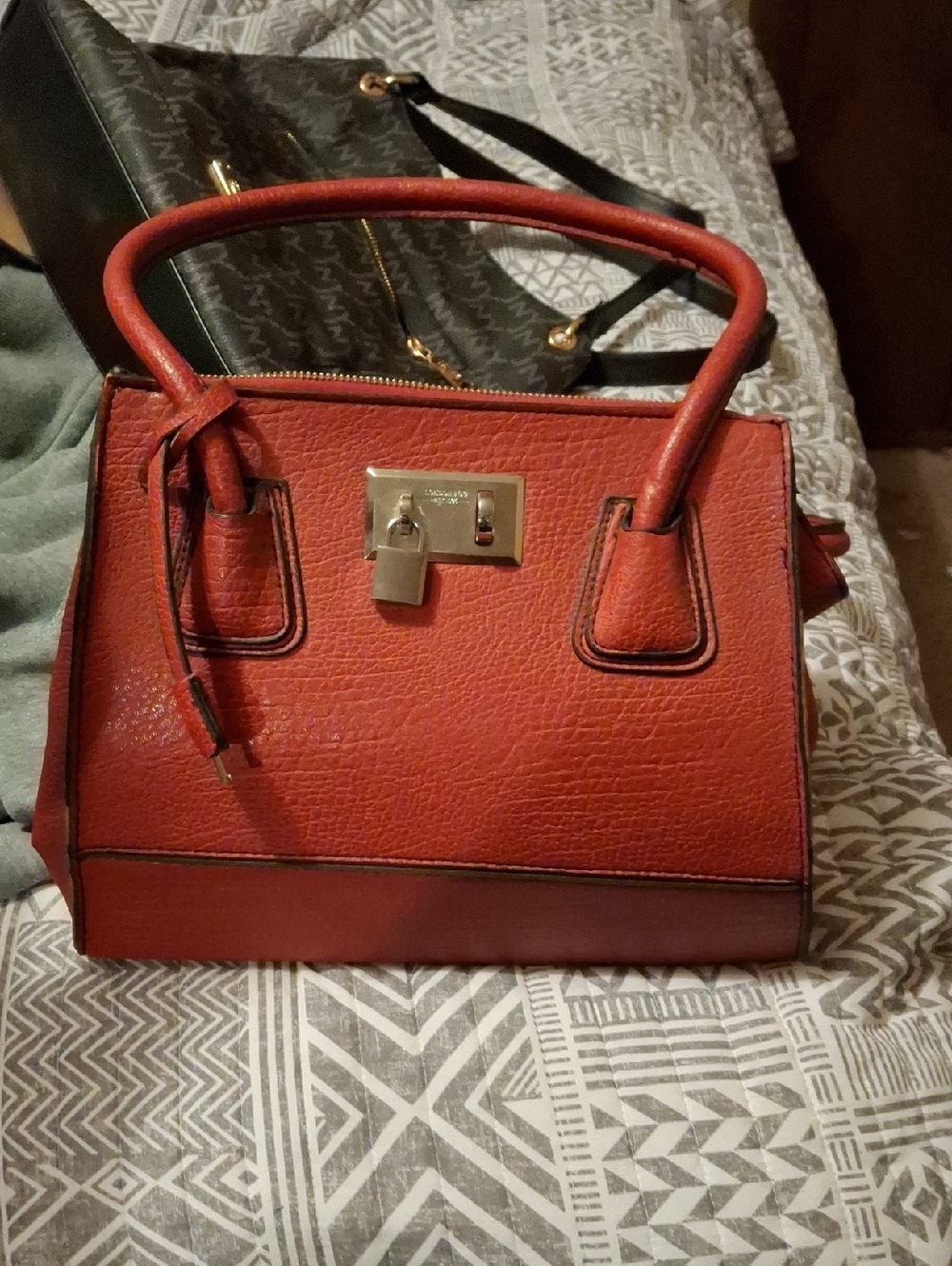 London Fog Red Structured Satchel with Lock Detail